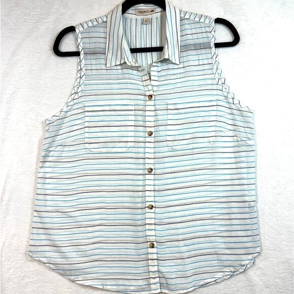 Toad & Co M Blue Striped Sleeveless Top Buttons Summer Beach Preppy Cozy Coastal - Picture 1 of 10